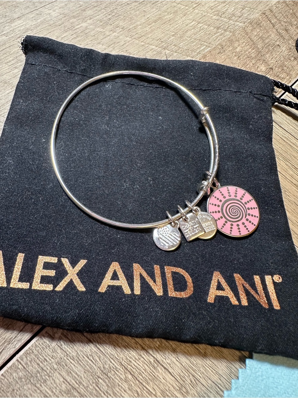 Alex and Ani Silver Tone Bangle with Pink Spiral Charm